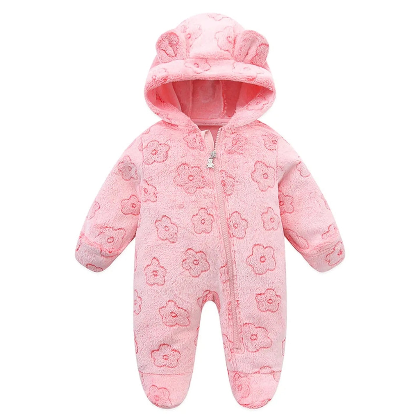Pink flannel baby romper with bear ears hood, floral pattern, and full zipper closure.
