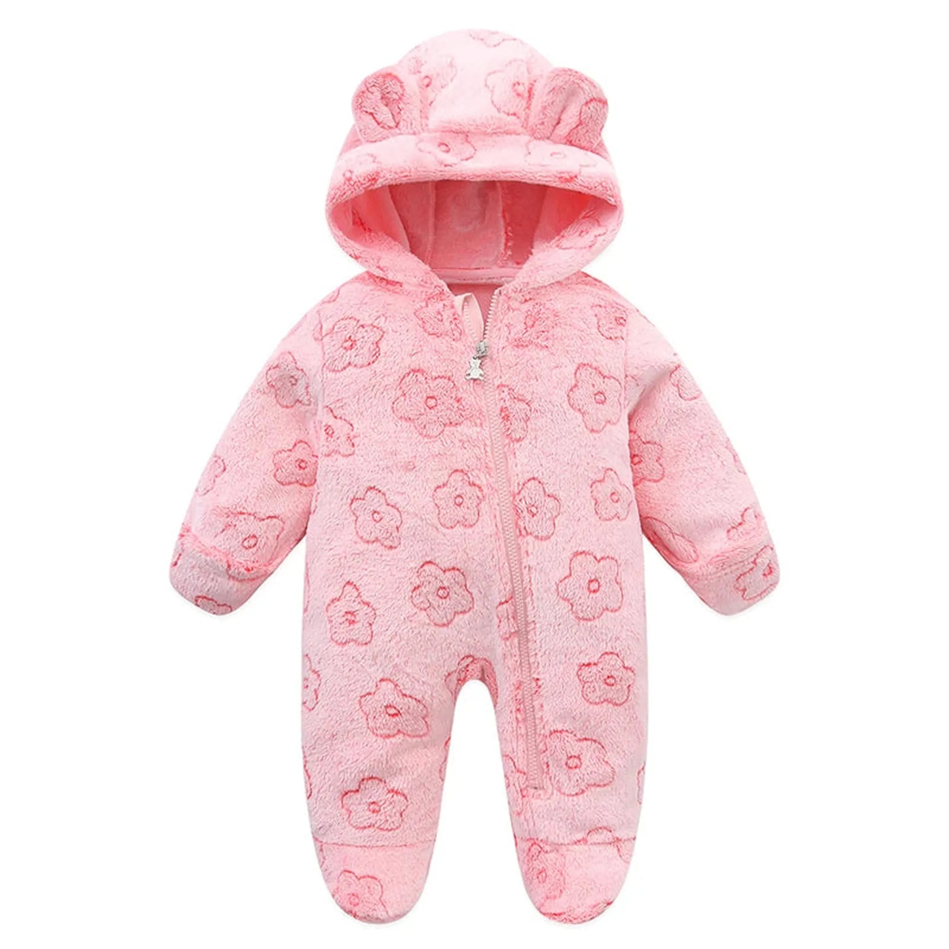 Pink flannel baby romper with bear ears hood, floral pattern, and full zipper closure.