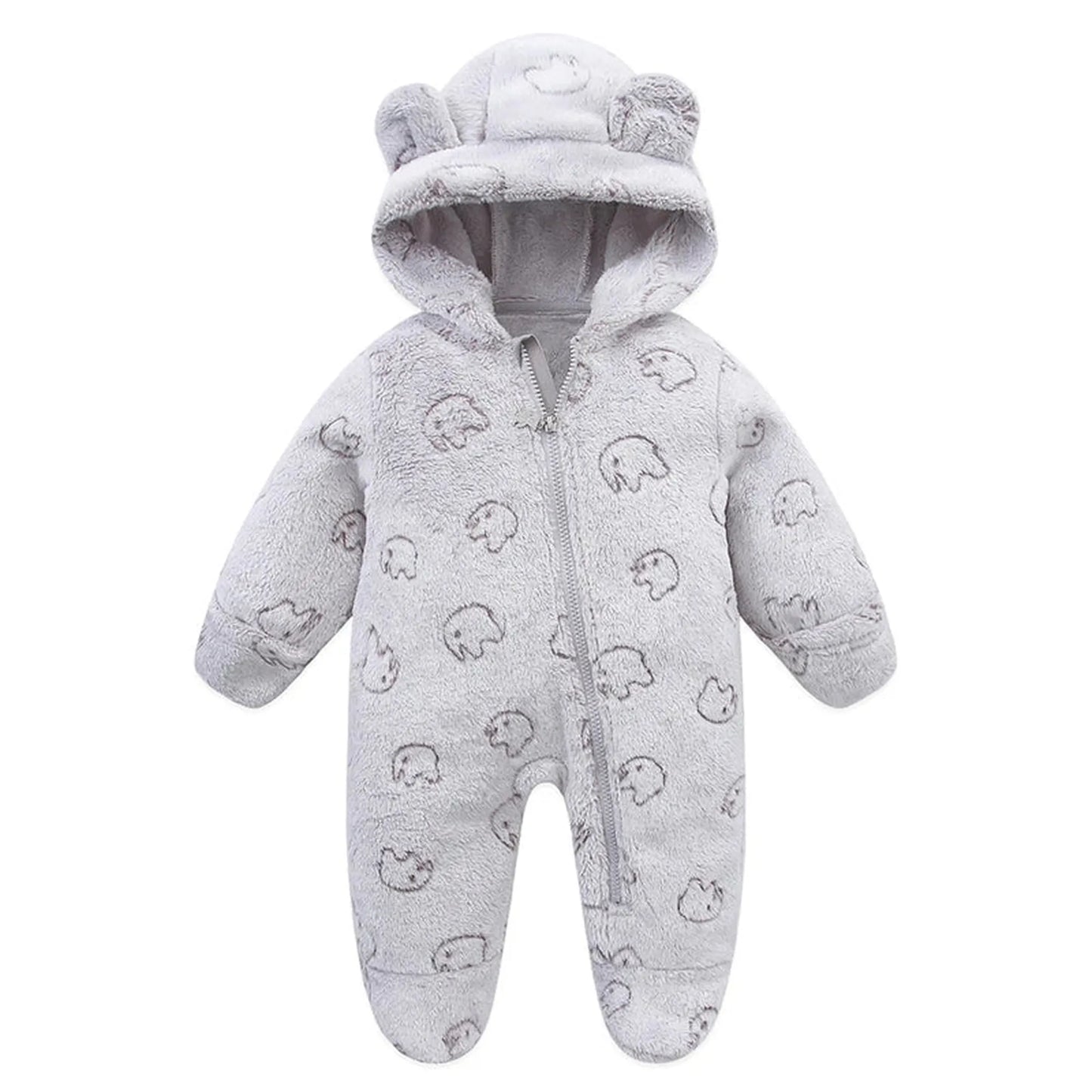 Soft gray flannel baby romper with bear ears on hood and subtle animal print, 0-12 months.
