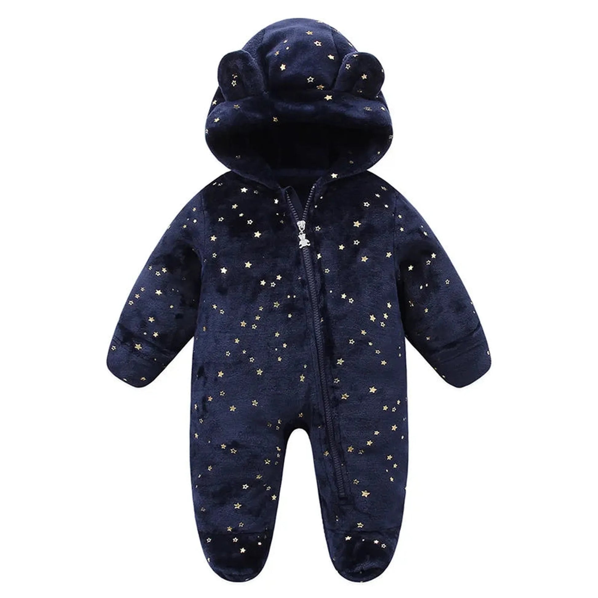 Warm navy flannel baby romper with gold stars, a hood with bear ears, and a full zipper.