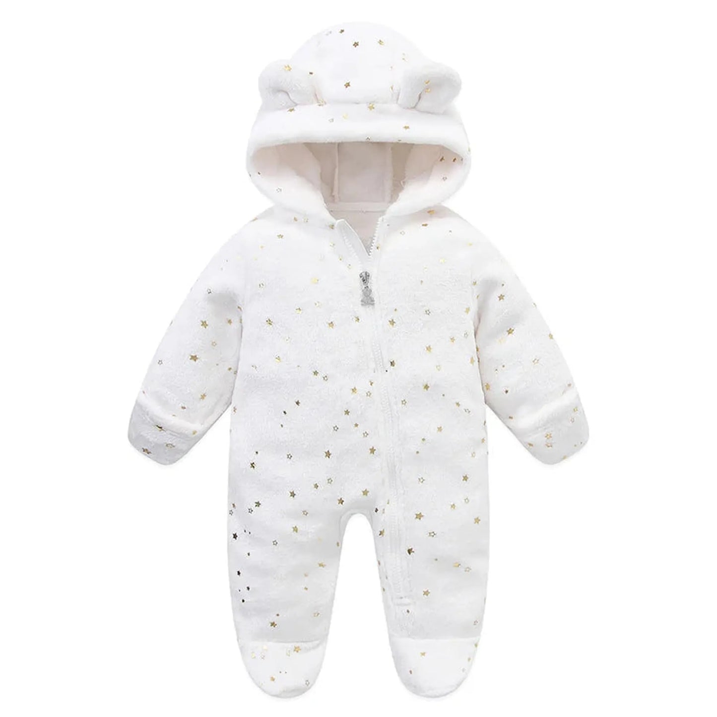 White flannel baby romper with gold stars, a hood with bear ears, and a full zipper.