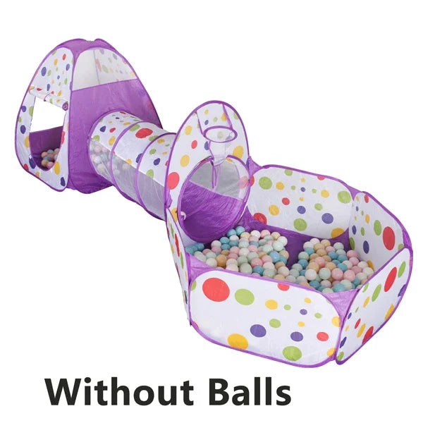 Purple 3-in-1 kids' play tent with tunnel and ball pit, featuring colorful polka dots.