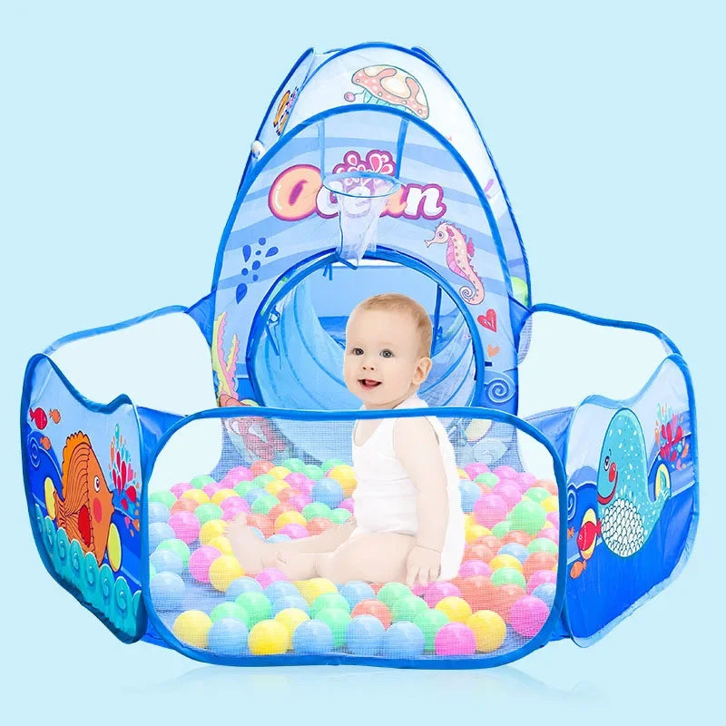 Blue 3-in-1 kids' play tent with tunnel, ball pit, and ocean animal graphics, featuring a baby.