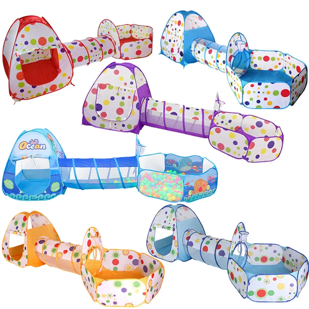 Colorful 3-in-1 kids' play tent, tunnel, and ball pit set in various polka dot designs.