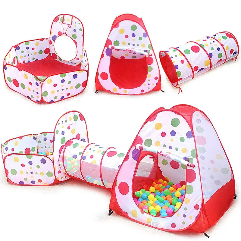 Red and white 3-in-1 kids' play tent with colorful polka dots, tunnel, and ball pit.