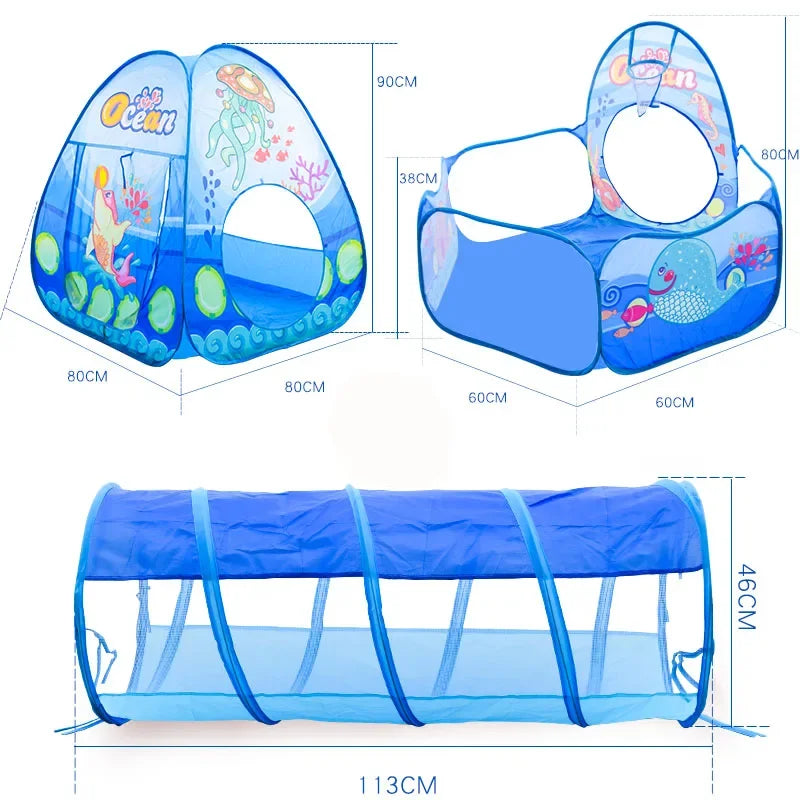 Blue 3-in-1 kids' play tent, tunnel, and ball pit set with ocean-themed graphics and dimensions.