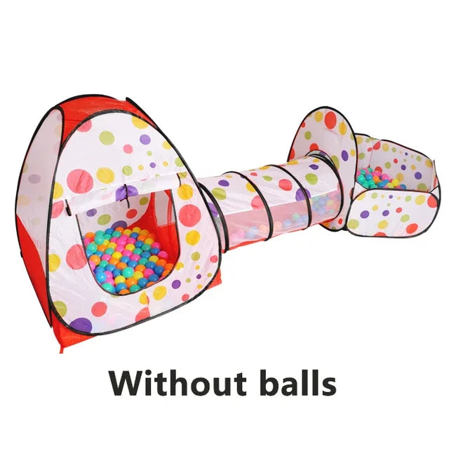 Colorful 3-in-1 kids' play tent with tunnel and ball pit, featuring polka dots on white and red polyester.