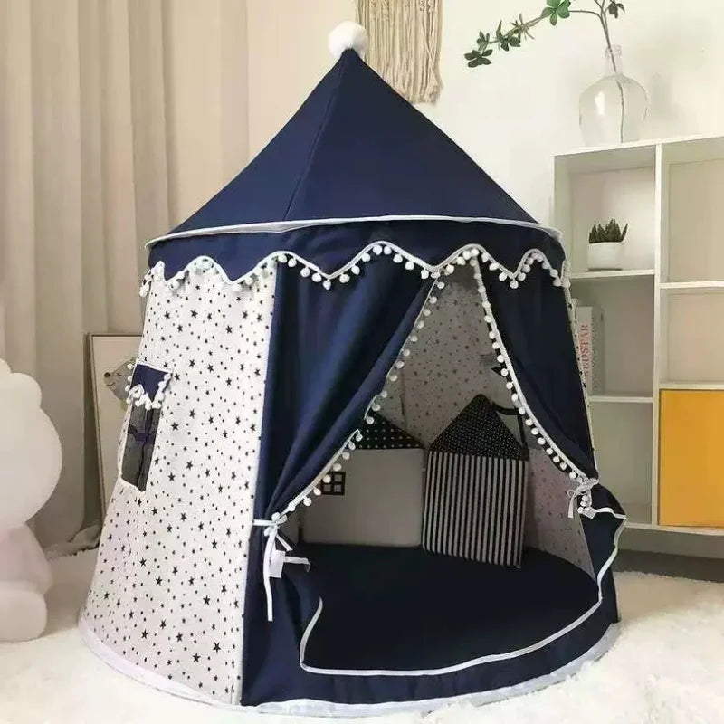 Navy blue and white cotton play tent for kids, castle design with star pattern and pom-pom trim.