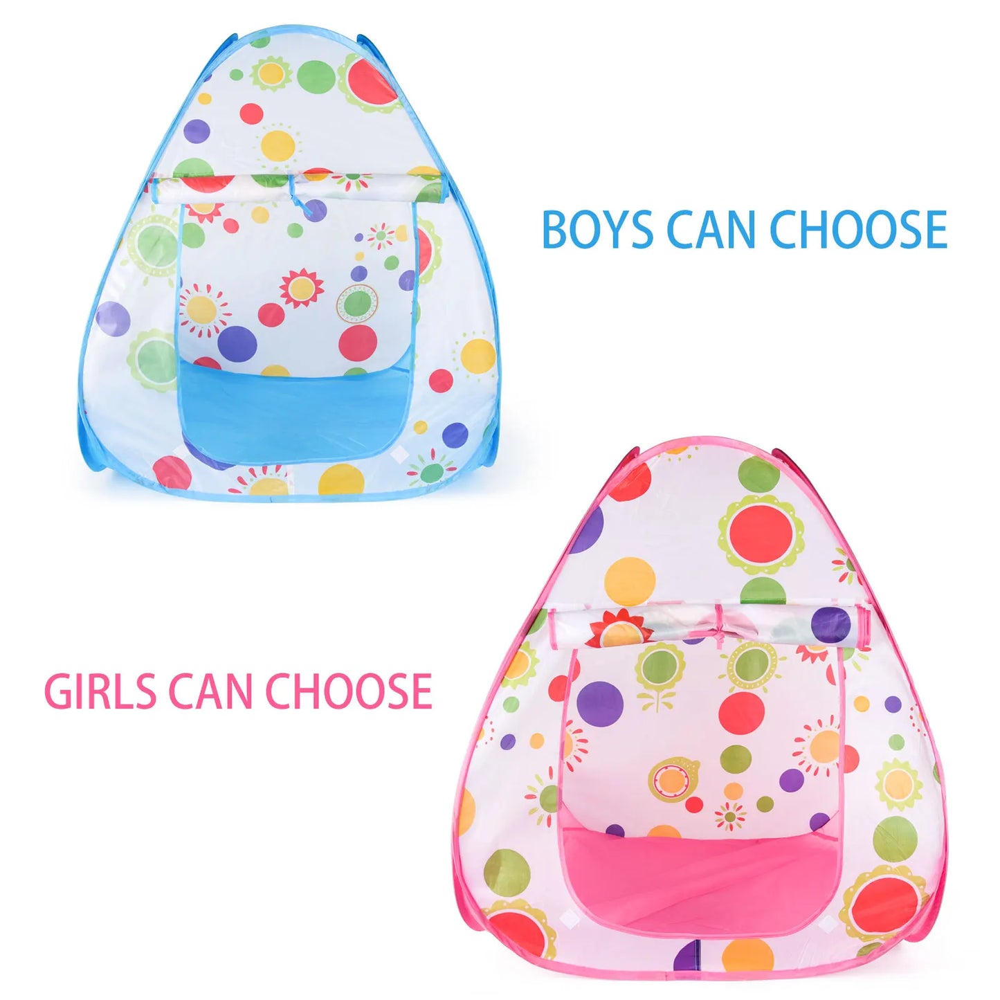 Two foldable kids' play tents, one blue and one pink, with colorful polka dot and sunflower designs.