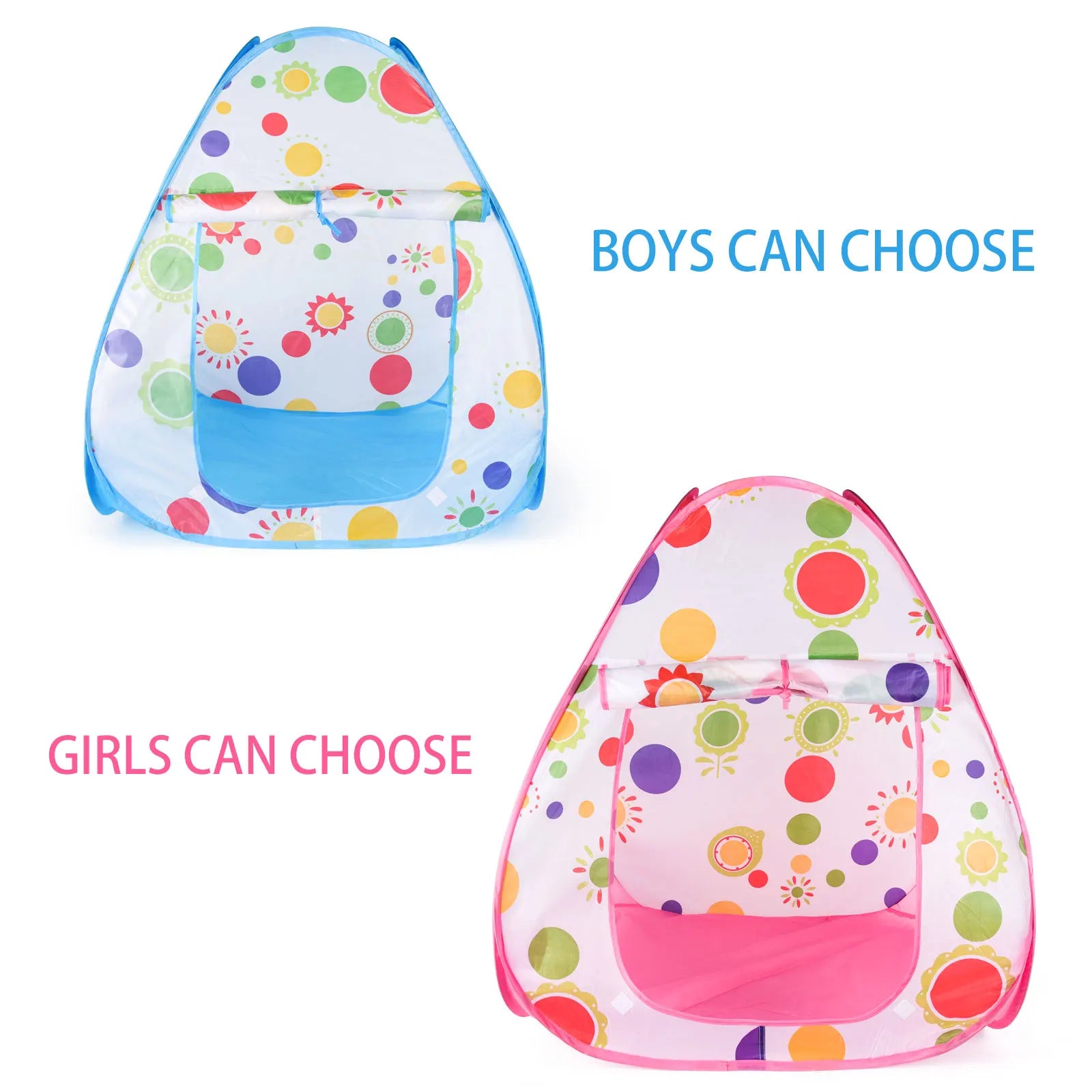 Two foldable kids' play tents, one blue and one pink, with colorful polka dot and sunflower designs.