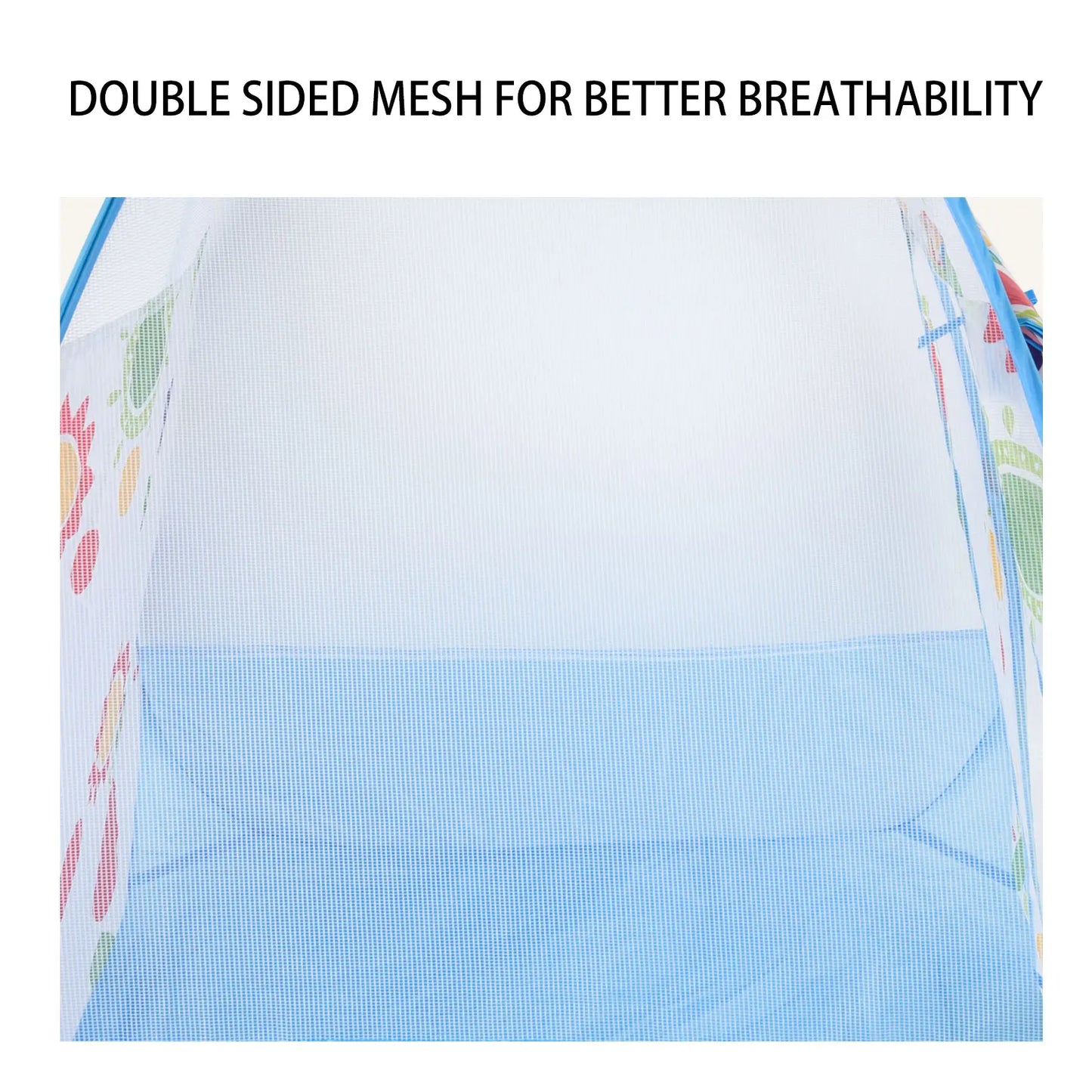 Close-up of a children's play tent showing double-sided white and blue mesh for breathability.