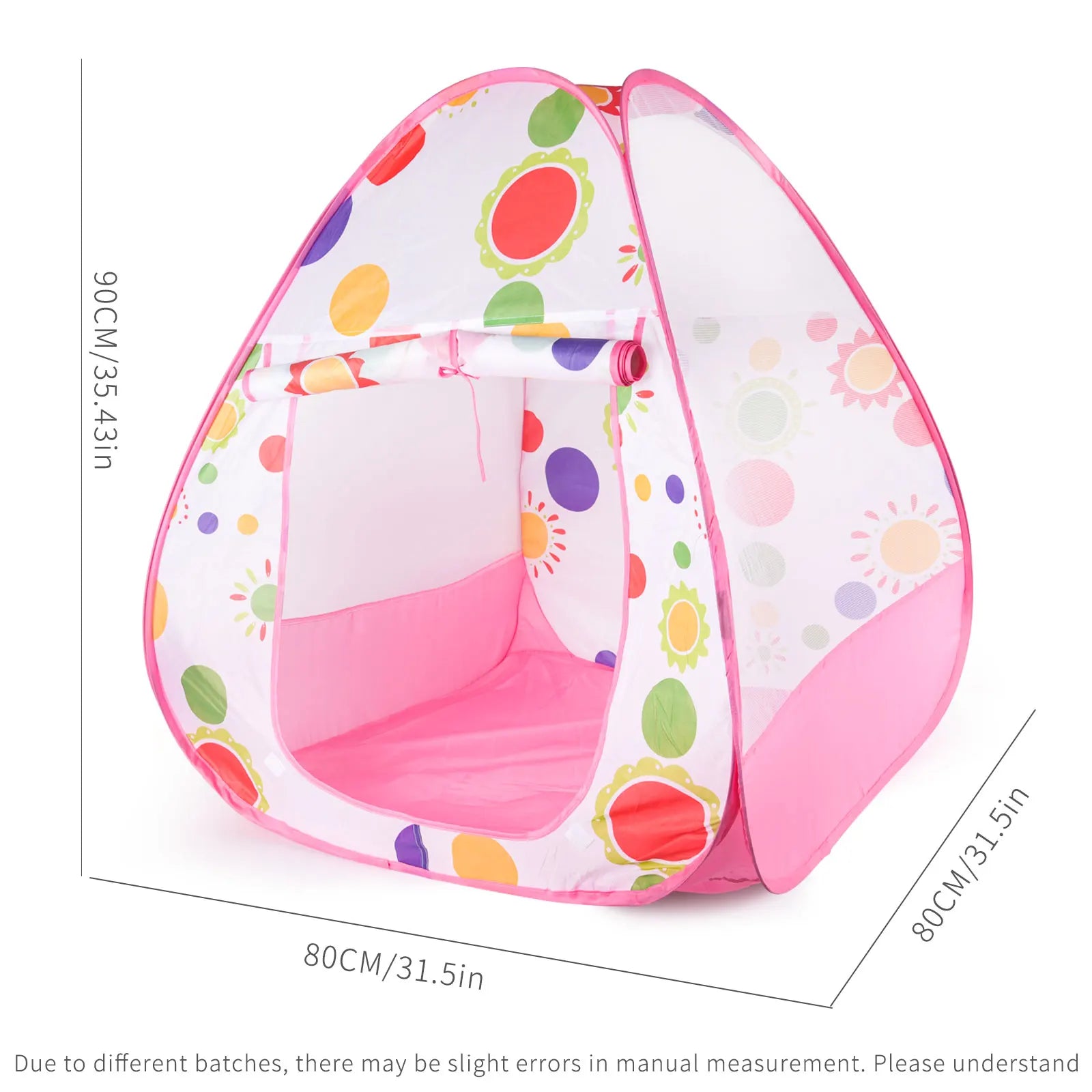 Pink and white pop-up play tent for kids with colorful polka dots and sun designs, showing dimensions.