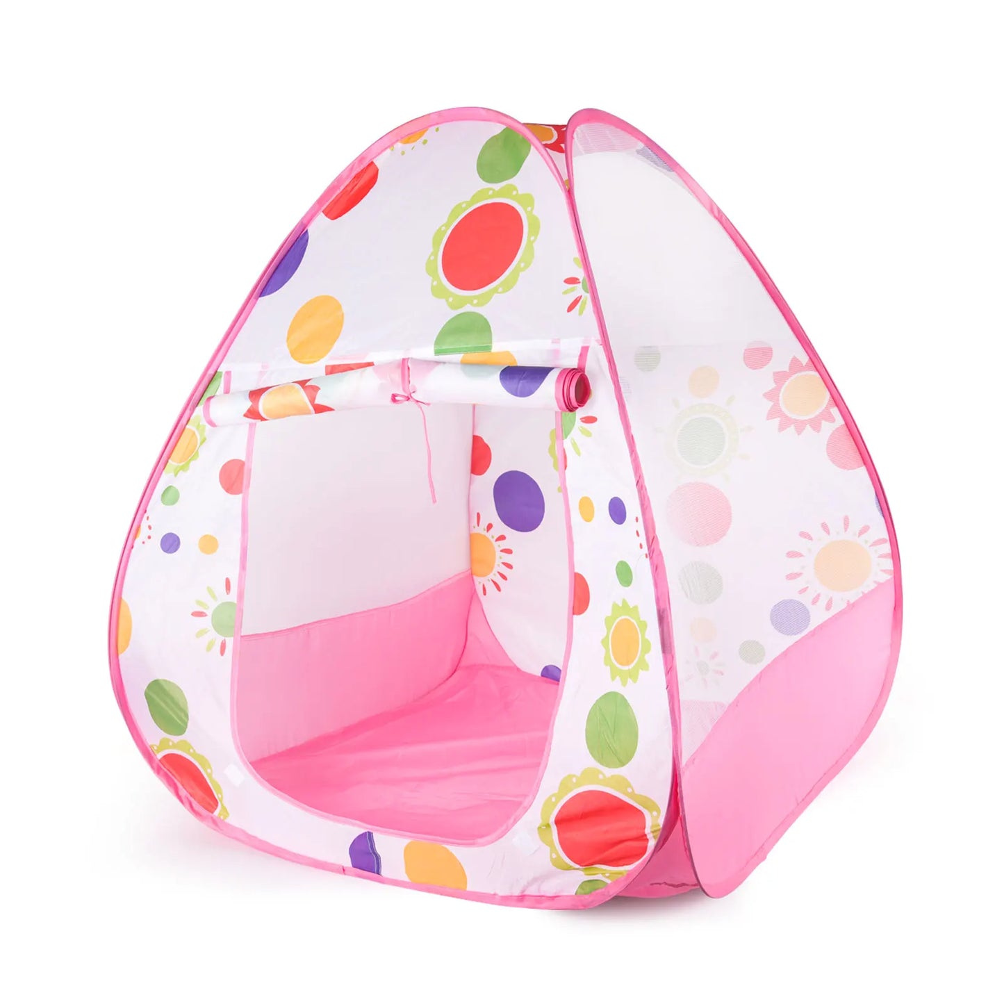 Pink and white children's play tent with colorful sunflower and polka dot patterns, featuring a roll-up door.