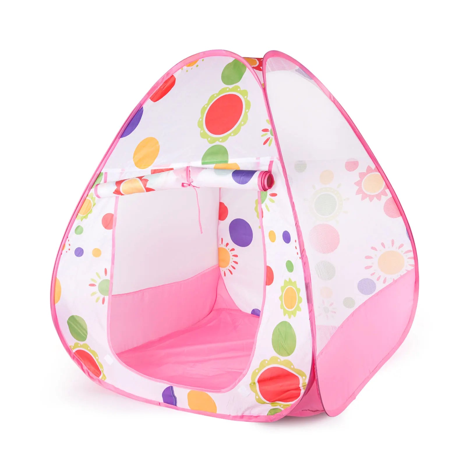 Pink and white children's play tent with colorful sunflower and polka dot patterns, featuring a roll-up door.