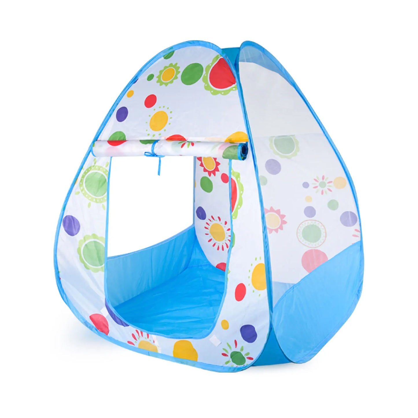 Foldable blue and white children's play tent with colorful sunflower and polka dot design.