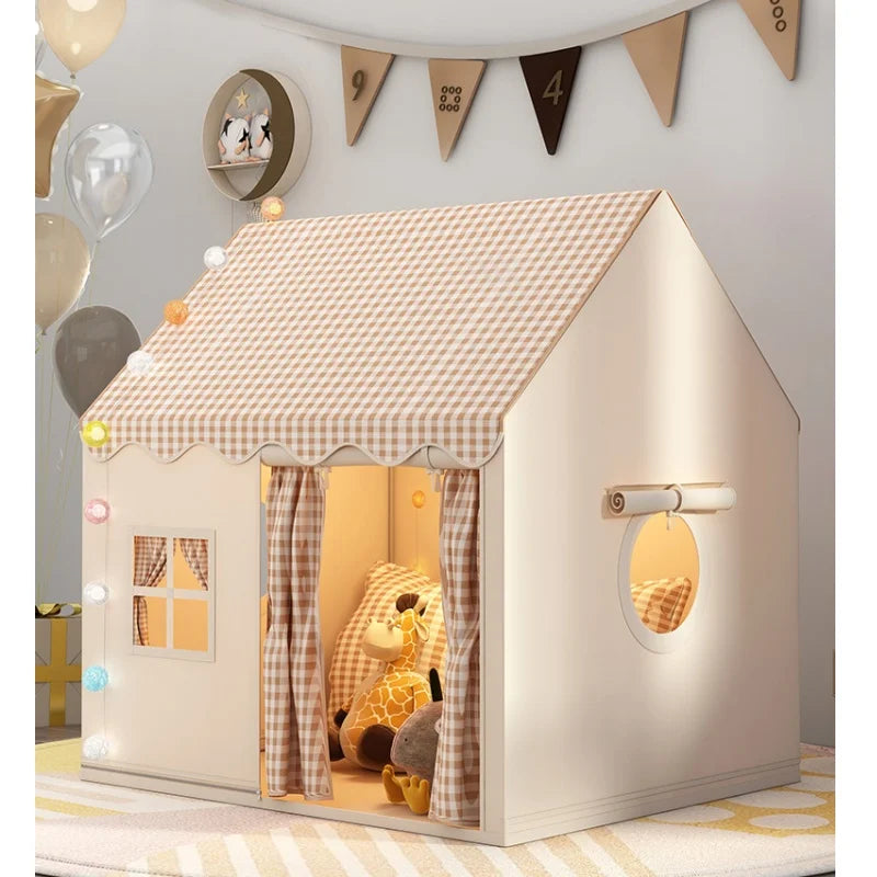 Foldable beige and brown plaid princess castle play tent for kids with window and round opening.
