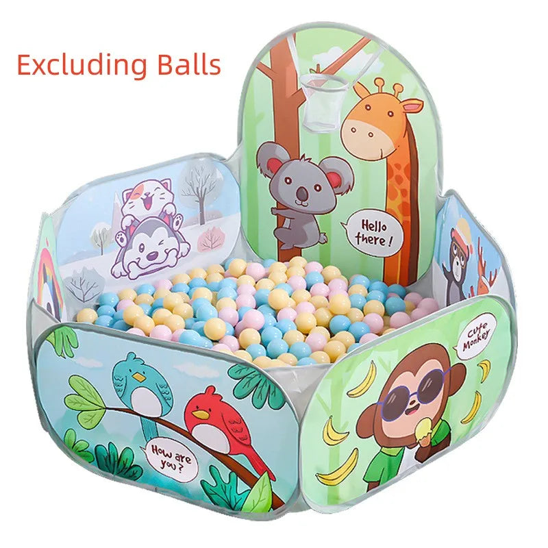 Foldable children's play tent with colorful animal graphics and a basketball hoop.