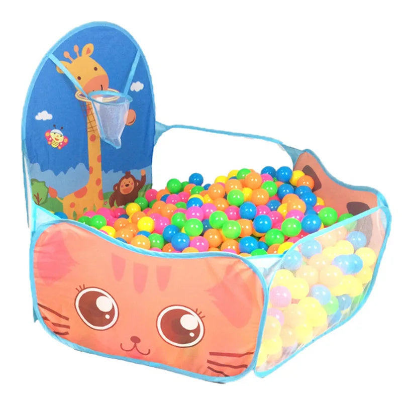 Blue foldable kids' play tent with a giraffe basketball hoop, cat design, and colorful ball pit.