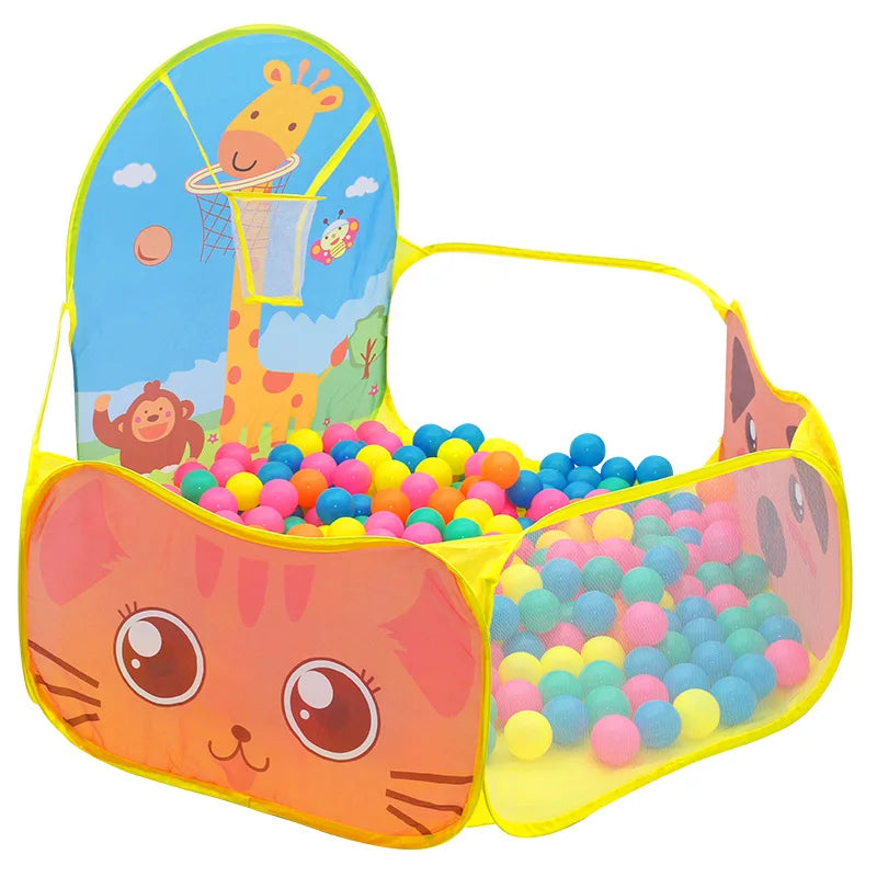 Colorful foldable kids' play tent with a cat face design, basketball hoop, and ball pit.