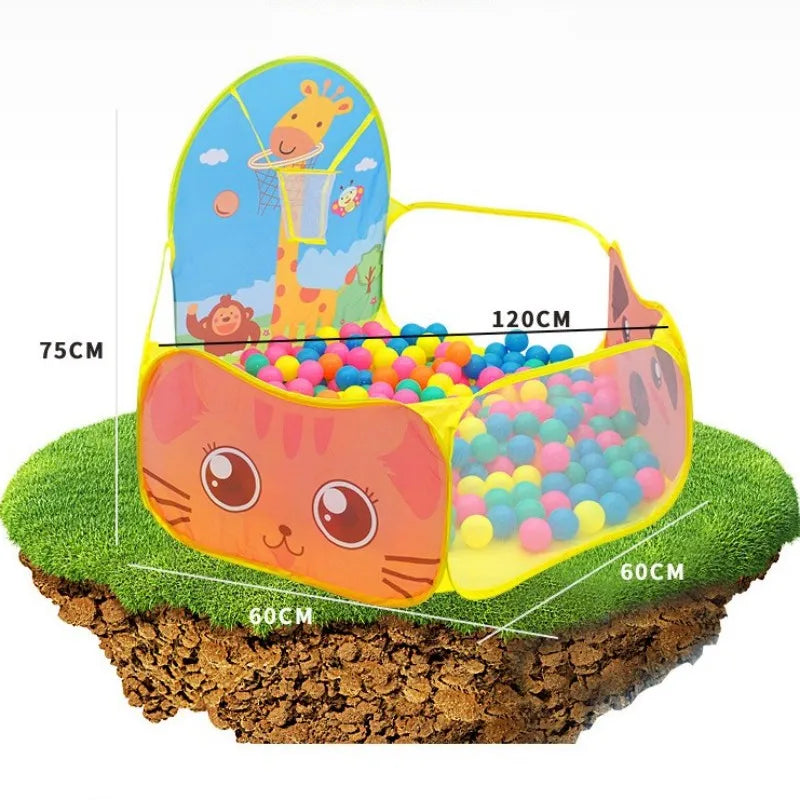 Foldable yellow children's play tent with cat face, giraffe basketball hoop, and colorful ball pit.