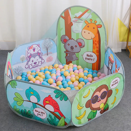 Colorful foldable kids' play tent with basketball hoop, animal graphics, and plastic balls.