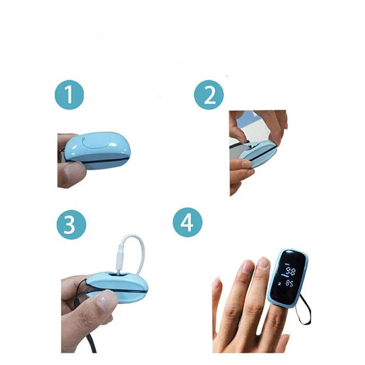Light blue rechargeable children's pulse oximeter with digital display, shown with charging cable and on a finger.