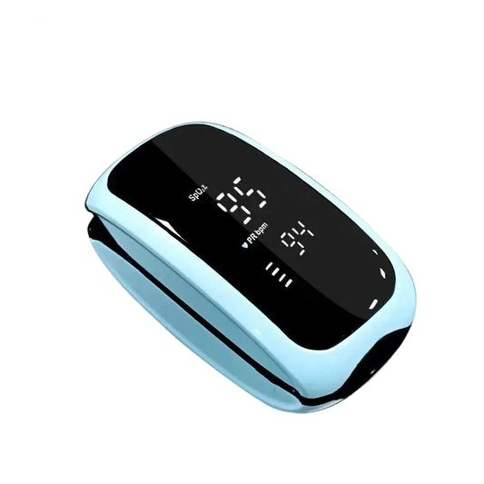 Rechargeable light blue children's pulse oximeter with a black digital LED display showing 95 SpO2 and 94 PR bpm.