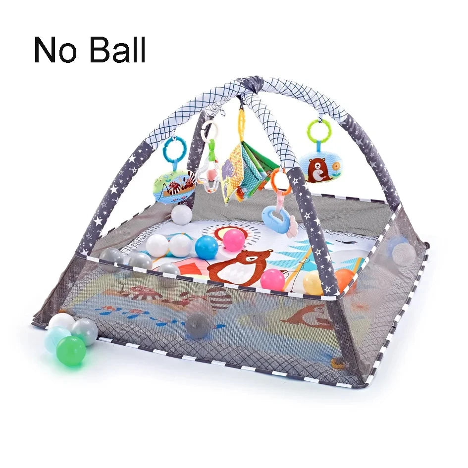 Baby activity play mat with arched toy bar, soft hanging toys, and colorful balls in a mesh enclosure.