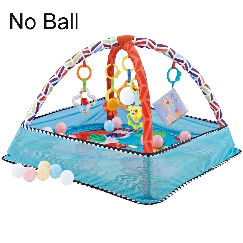 Colorful baby activity gym with play mat, arch, hanging toys, and blue mesh sides.