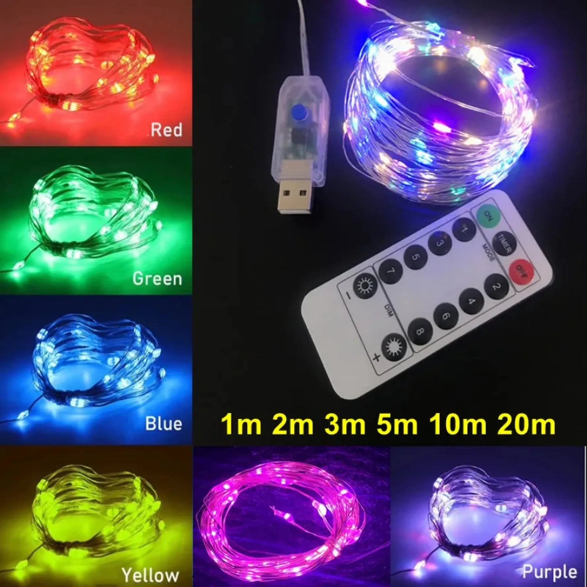 Colorful LED string lights with USB plug and remote control, showing red, green, blue, yellow, purple, and mixed color options.