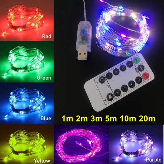 Colorful LED string lights with USB plug and remote control, showing red, green, blue, yellow, purple, and mixed color options.
