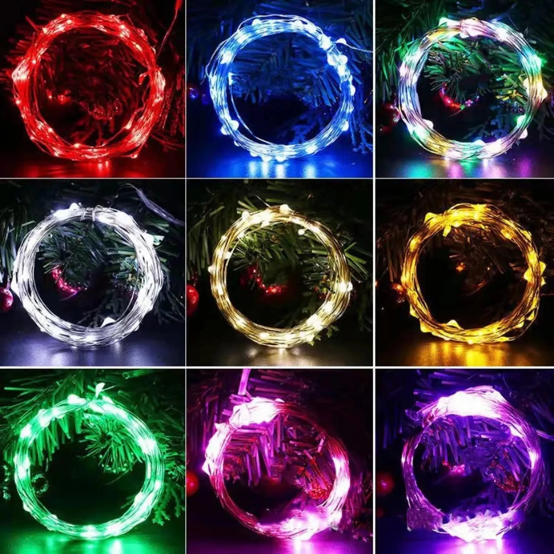 Flexible LED string lights in red, blue, green, white, warm white, yellow, emerald, pink, and purple.