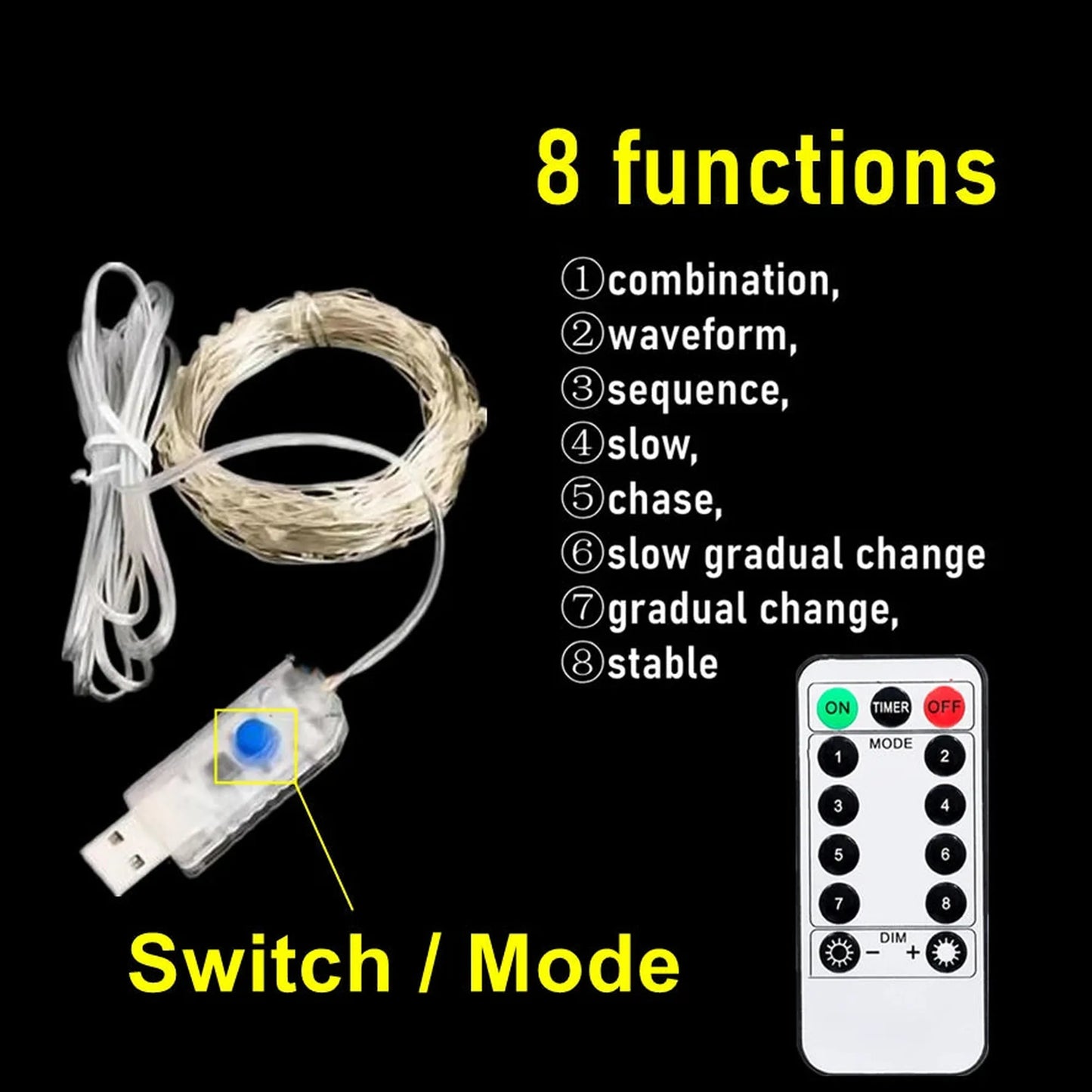 Flexible copper wire LED string lights with USB plug and remote control showing 8 lighting modes.