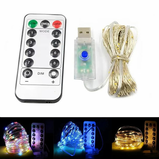Flexible LED string lights with USB plug and remote control, showing warm white, blue, and multicolor options.