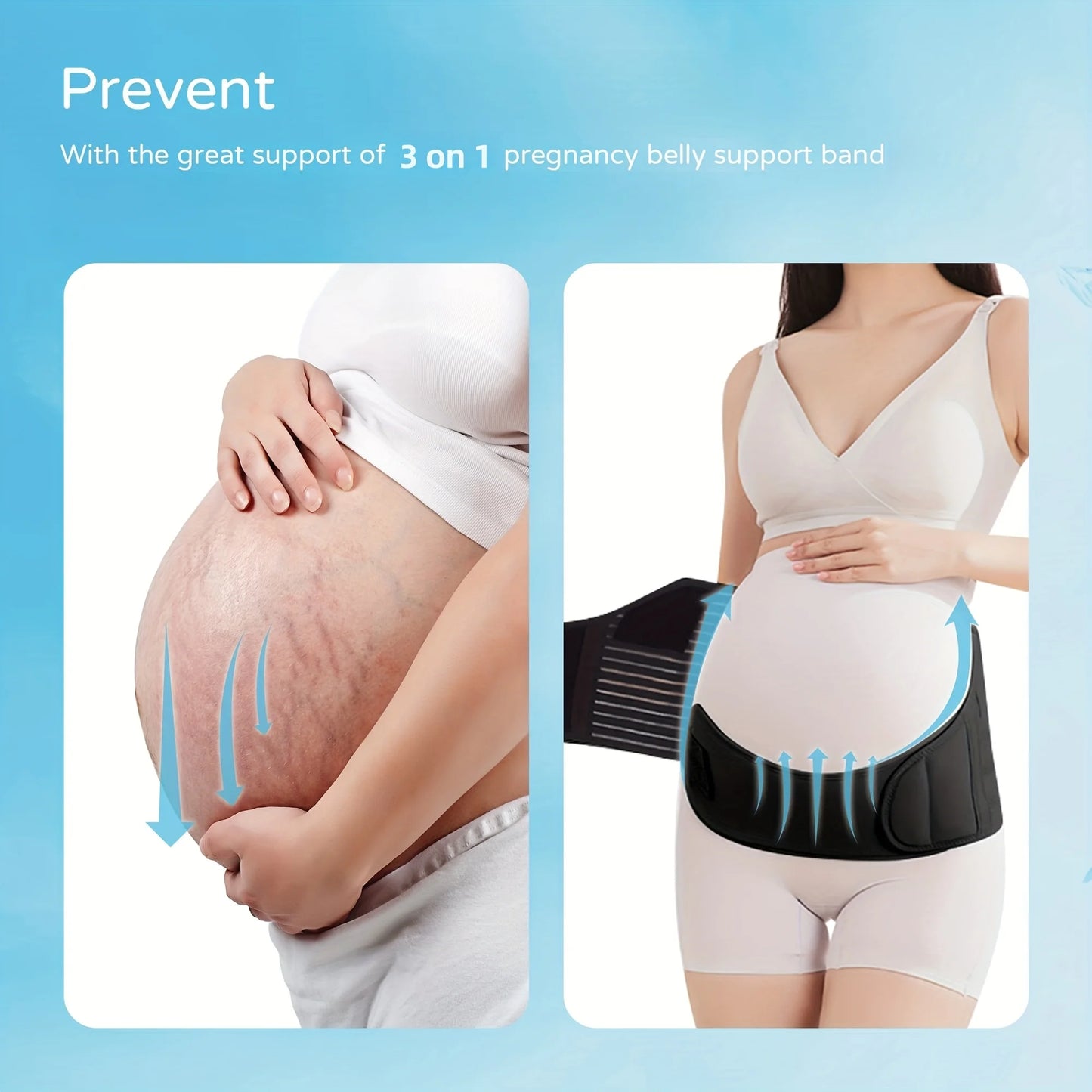Black adjustable maternity belly support band on a pregnant woman, showing back and belly relief.