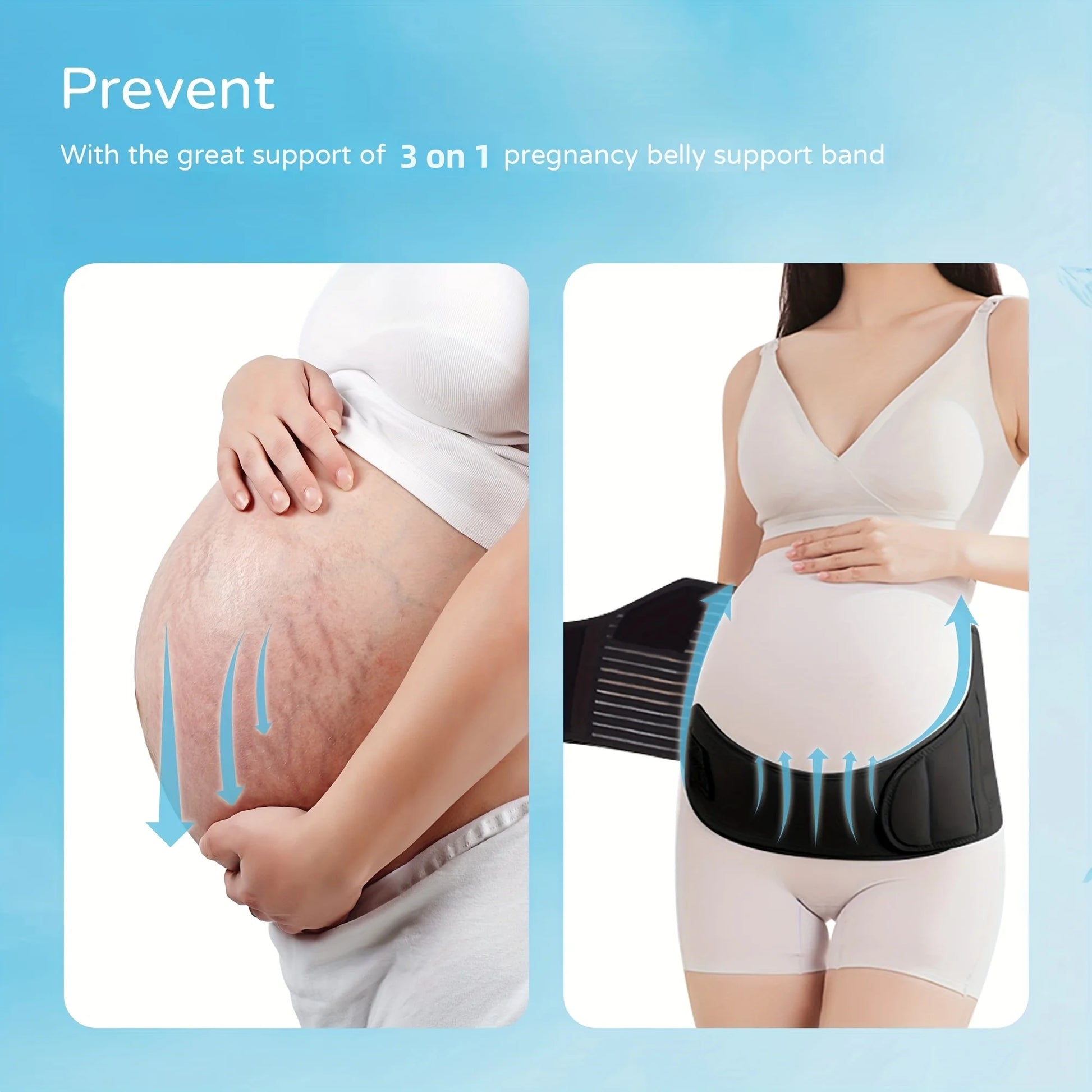 Black adjustable maternity belly support band on a pregnant woman, showing back and belly relief.