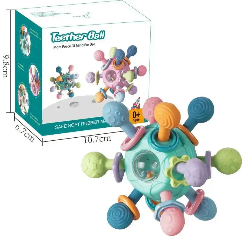 Colorful silicone spinning rattle teether ball for babies, with textured arms and central clear shaker.