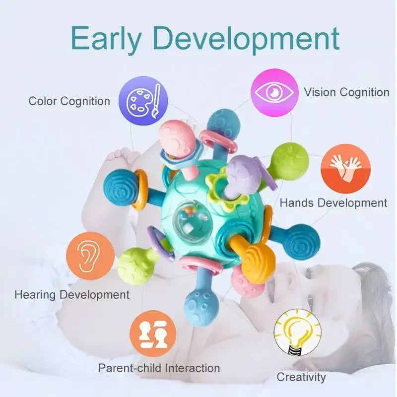 Colorful silicone spinning rattle ball for early development, with sensory features for babies 0-12 months.