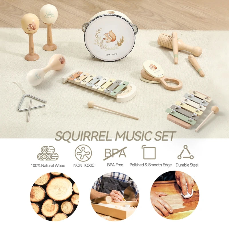 Wooden Montessori musical instrument set for babies, including xylophone, maracas, tambourine, and clappers.