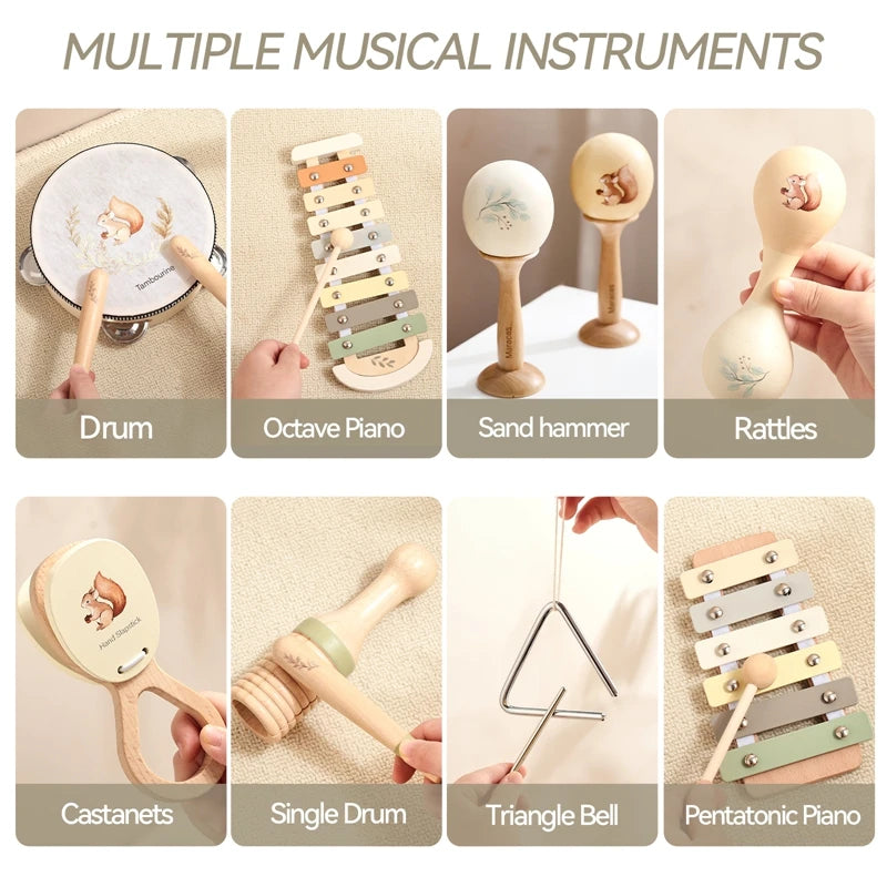 Montessori wooden musical instrument set for babies and toddlers, featuring a drum, xylophone, maracas, and more.