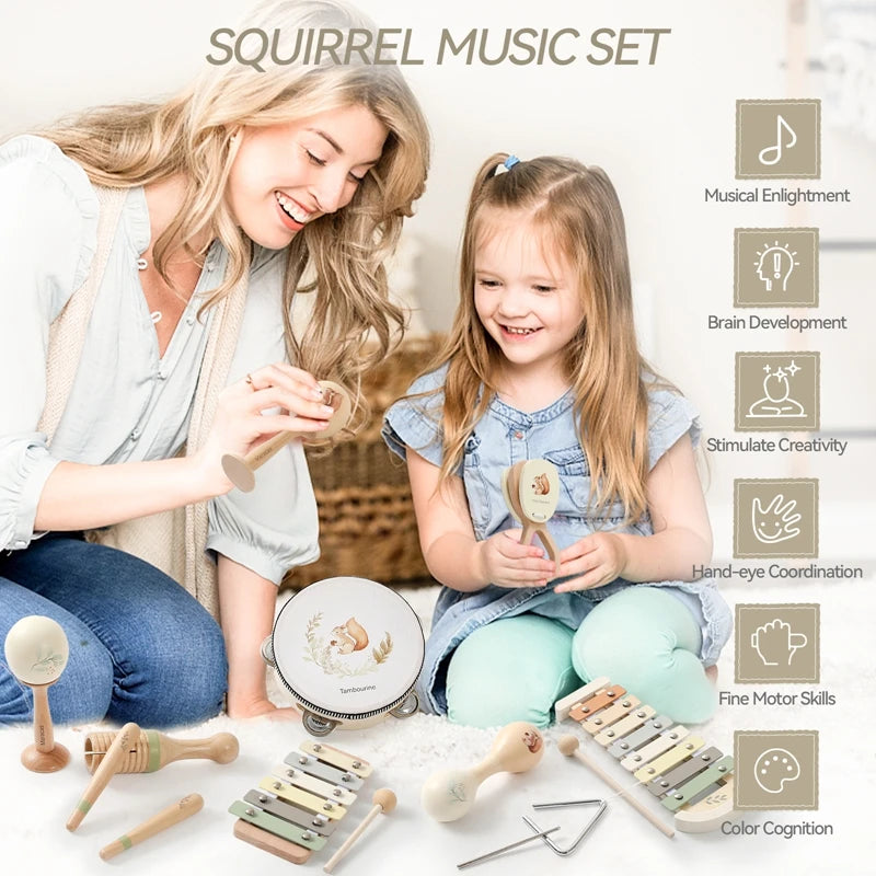 Smiling mother and child playing with a natural wood Montessori musical instrument set, including a xylophone, tambourine, and shakers.