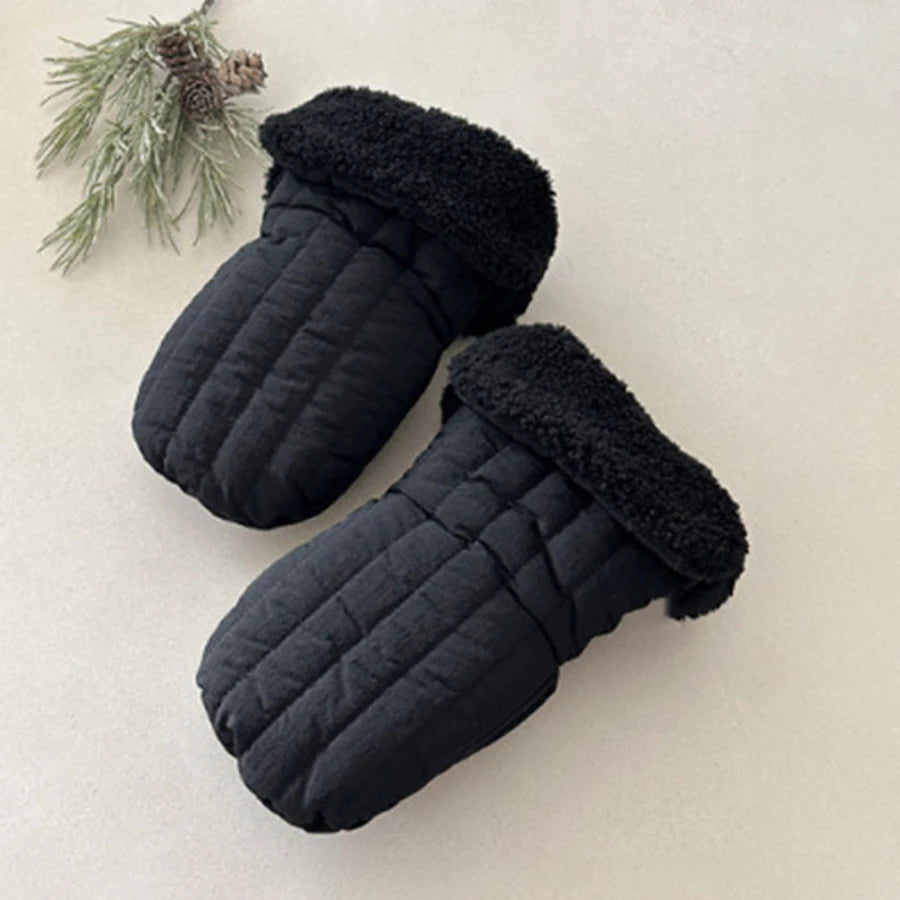 Black quilted stroller mittens with plush fleece lining for winter warmth.