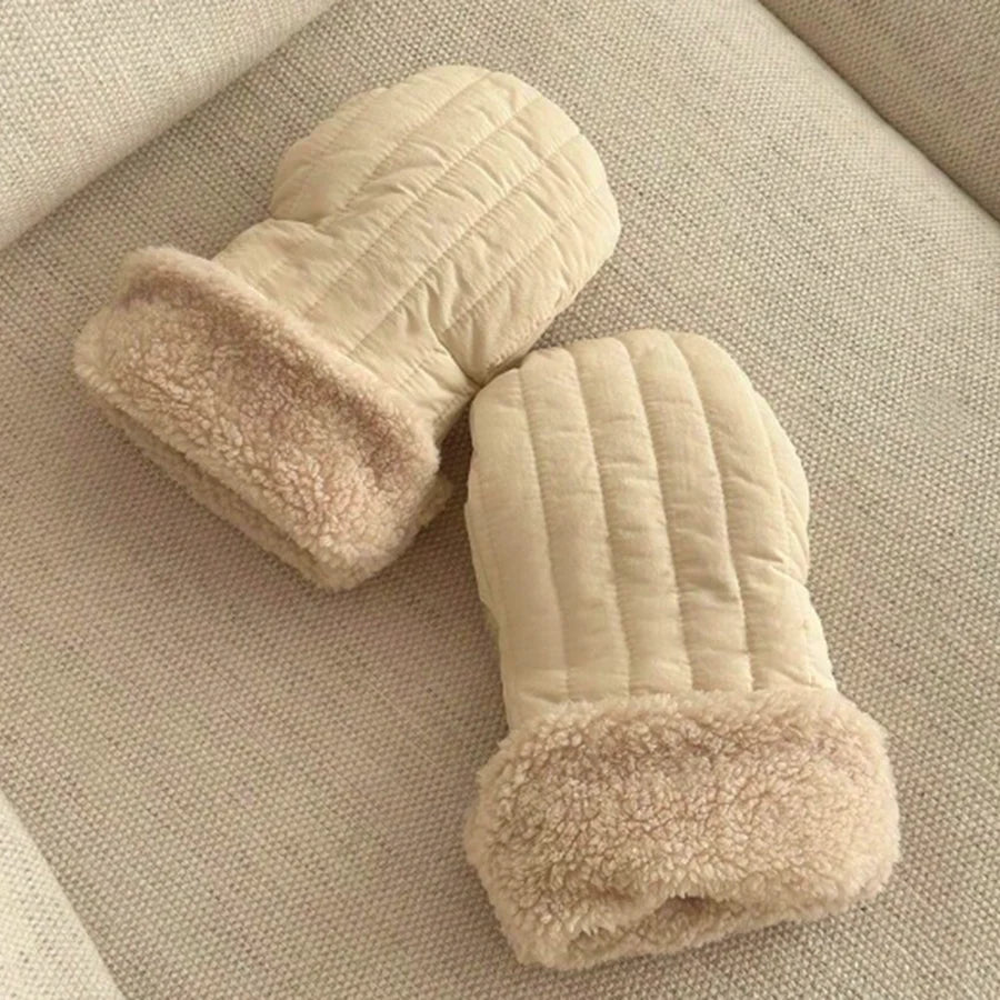 Pair of beige quilted stroller mittens with soft fleece lining for winter warmth.