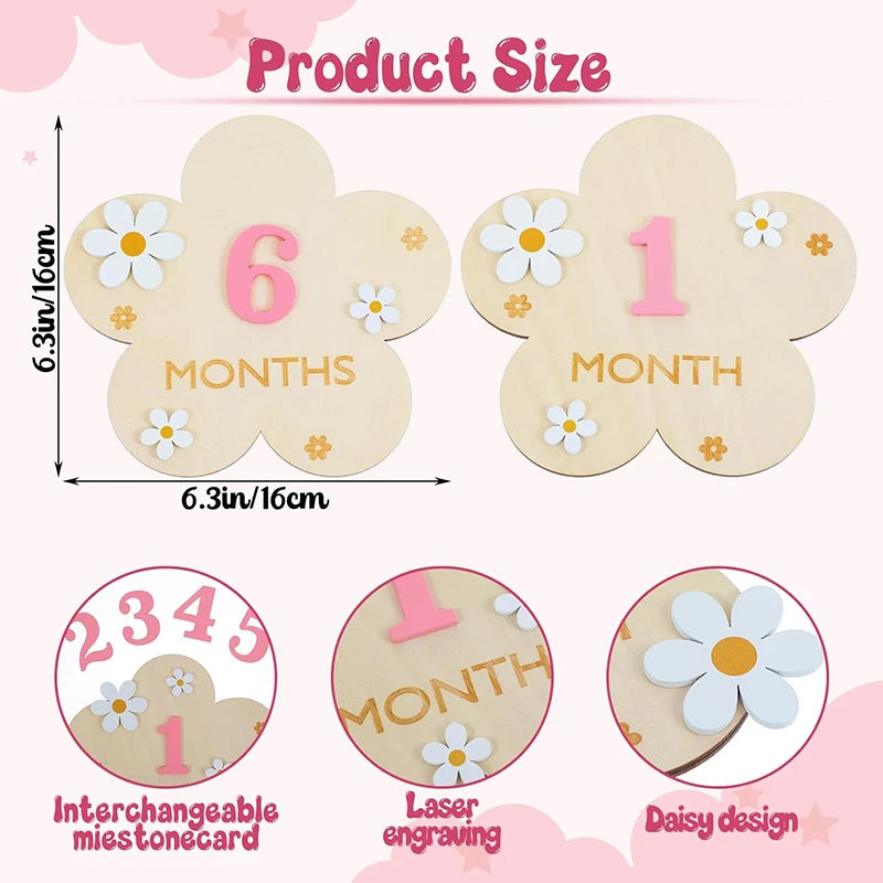 Wooden daisy-shaped baby milestone cards with pink numbers, laser engraving, and interchangeable design.