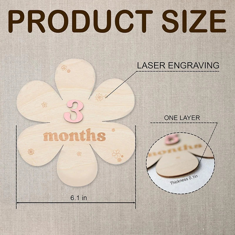 Wooden flower milestone card for baby photos, 6.1-inch, with "3 months" in pink, laser-engraved.