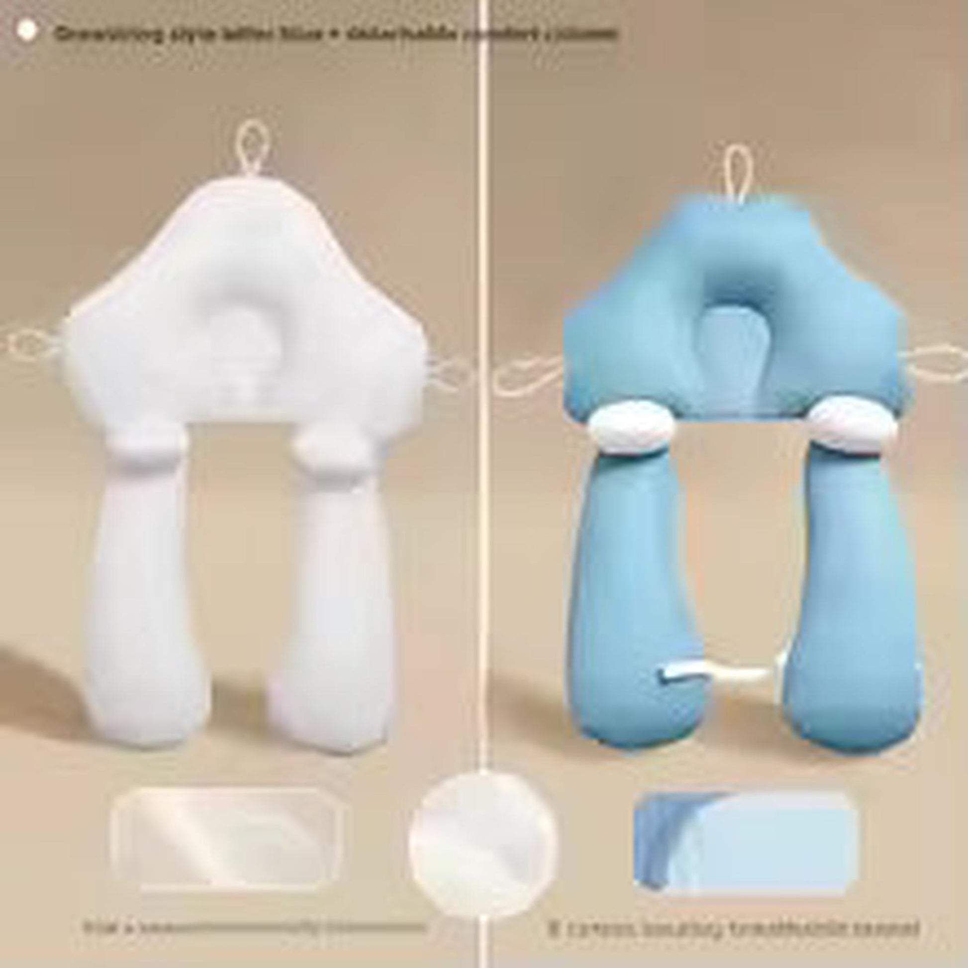 Two ergonomic baby pillows, one white and one blue, with head support and leg bolsters.