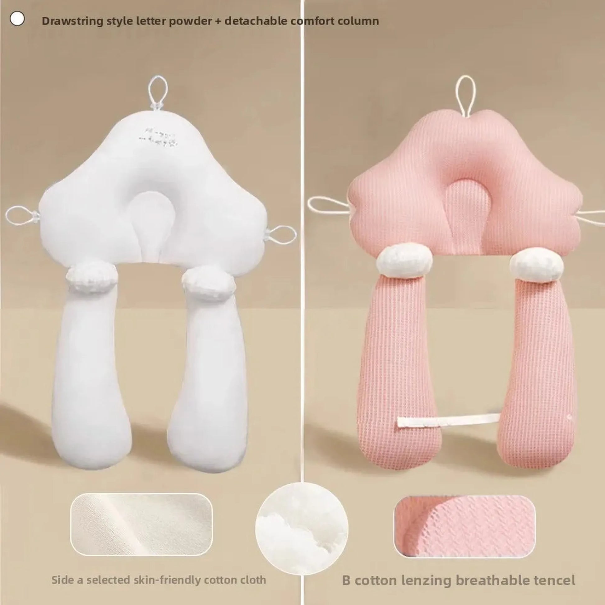 White and pink ergonomic baby sleep pillow with head support and adjustable leg rolls.
