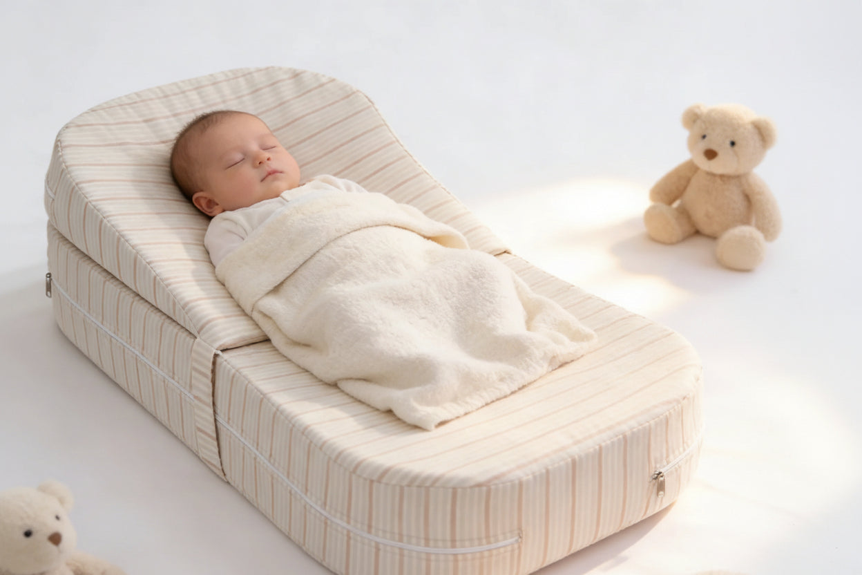 Adjustable beige striped anti-reflux feeding pillow with a sleeping baby, surrounded by teddy bears.