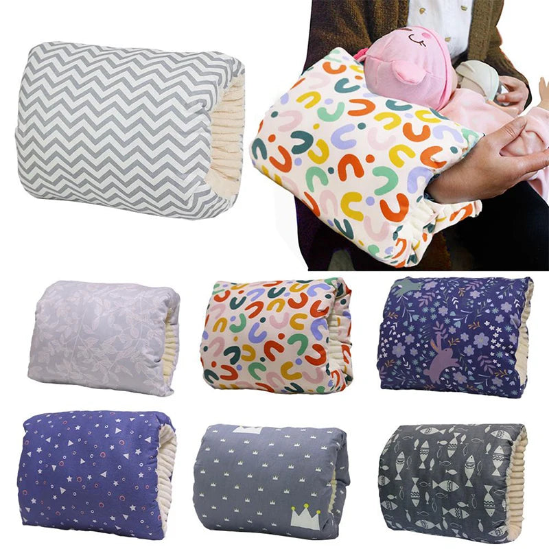 Assorted patterned nursing arm pillows, soft cotton and polyester, compact for feeding support.