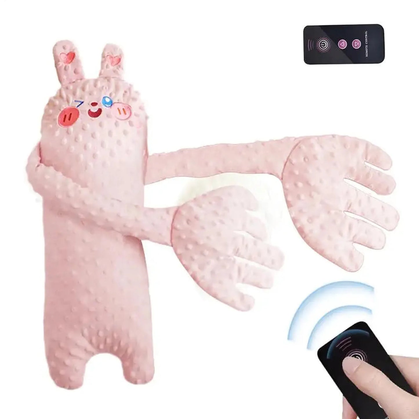 Pink textured rabbit baby soothing pillow with long arms and remote control.